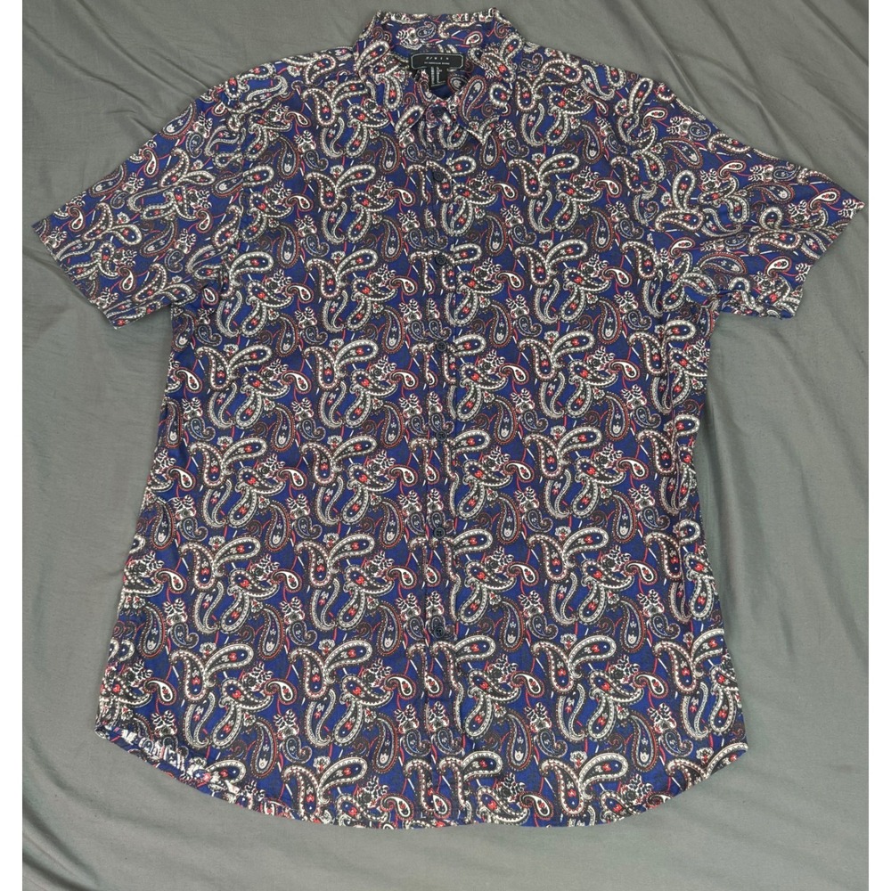 21‎ Men Forever 21 Mens XL Blue Paisley Short Sleeve Button Up Cotton Shirt